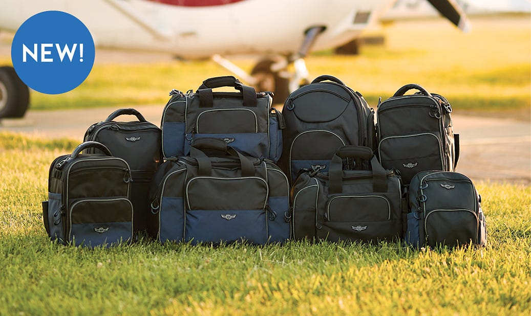 Sporty's New Flight Gear Bags for 2025 outside on ground near plane.