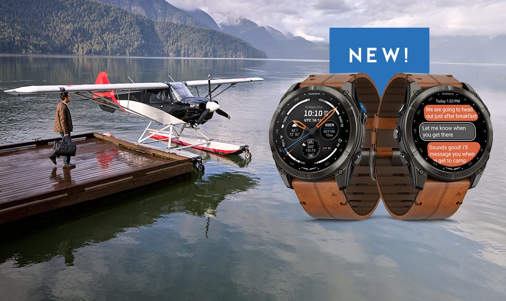 The Ultimate Pilot Smartwatch next to a Seaplane