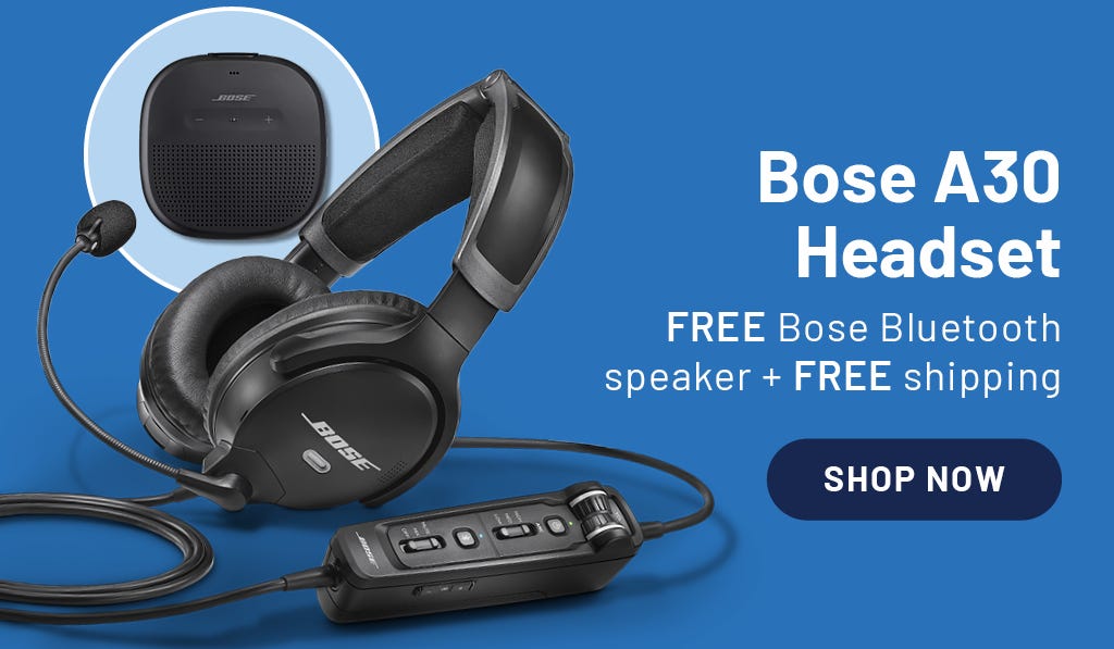 Bose A30 Headset - FREE Bose Bluetooth Speaker and Free Shipping Promotion. Picture of Black Bose A30 Headset and Free Speaker.