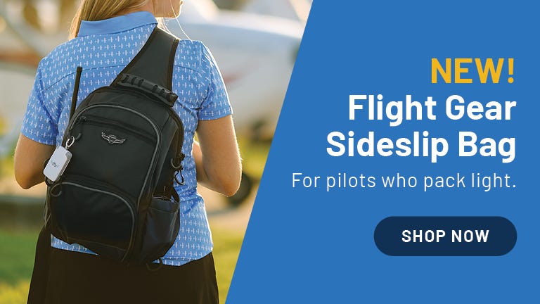 New! Flight Gear Sideslip Bag. For pilots who pack light. shop now. model wearing black sideslip bag at airport.