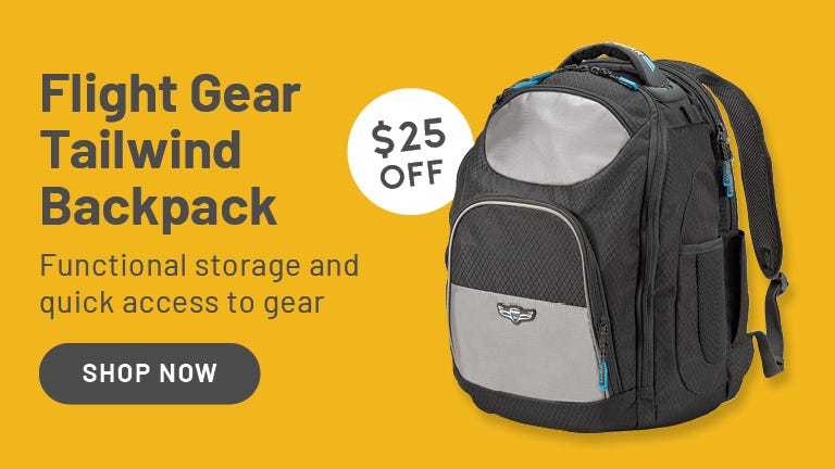black and grey flight gear backpack on yellow background $25 off
