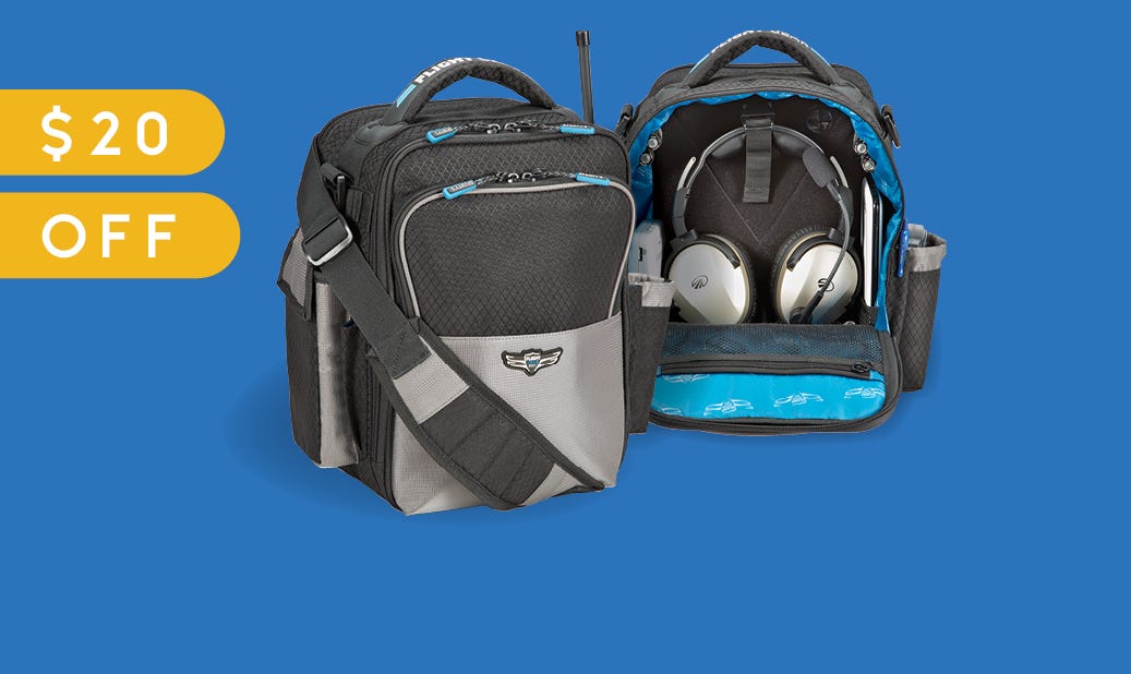 Black and Grey Flight Gear iPad bag on blue background $20 off