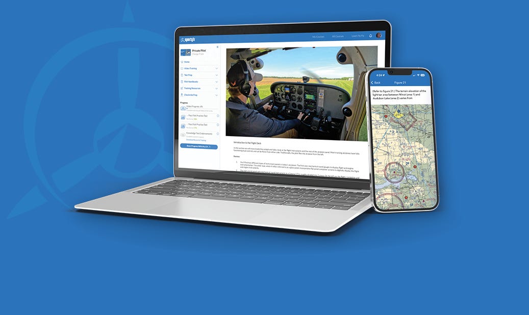 learn to fly course shown on laptop and mobile phone on blue background