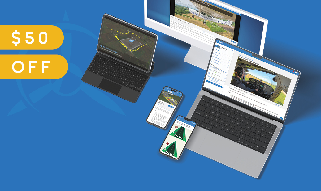 computer. ipad, laptop and phones showing sporty's learn to fly course $50 off. ground school, test prep. Aviation Intelligence- all for the price of one lesson.