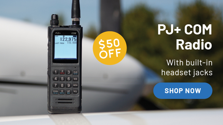 $50 off PJ2+ Radio $50 off. Built-in headset jacks. Picture of PJ2 on airplane wing.