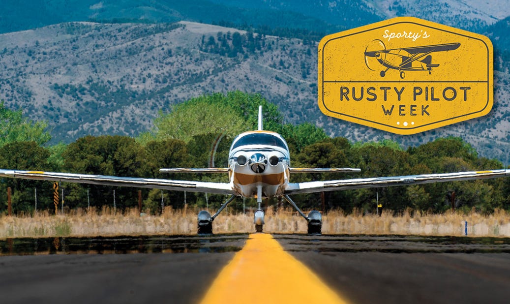 It's Rusty Pilot Week, product specials, new content, and more through September 29th. Airplane on taxiway in front of mountain.