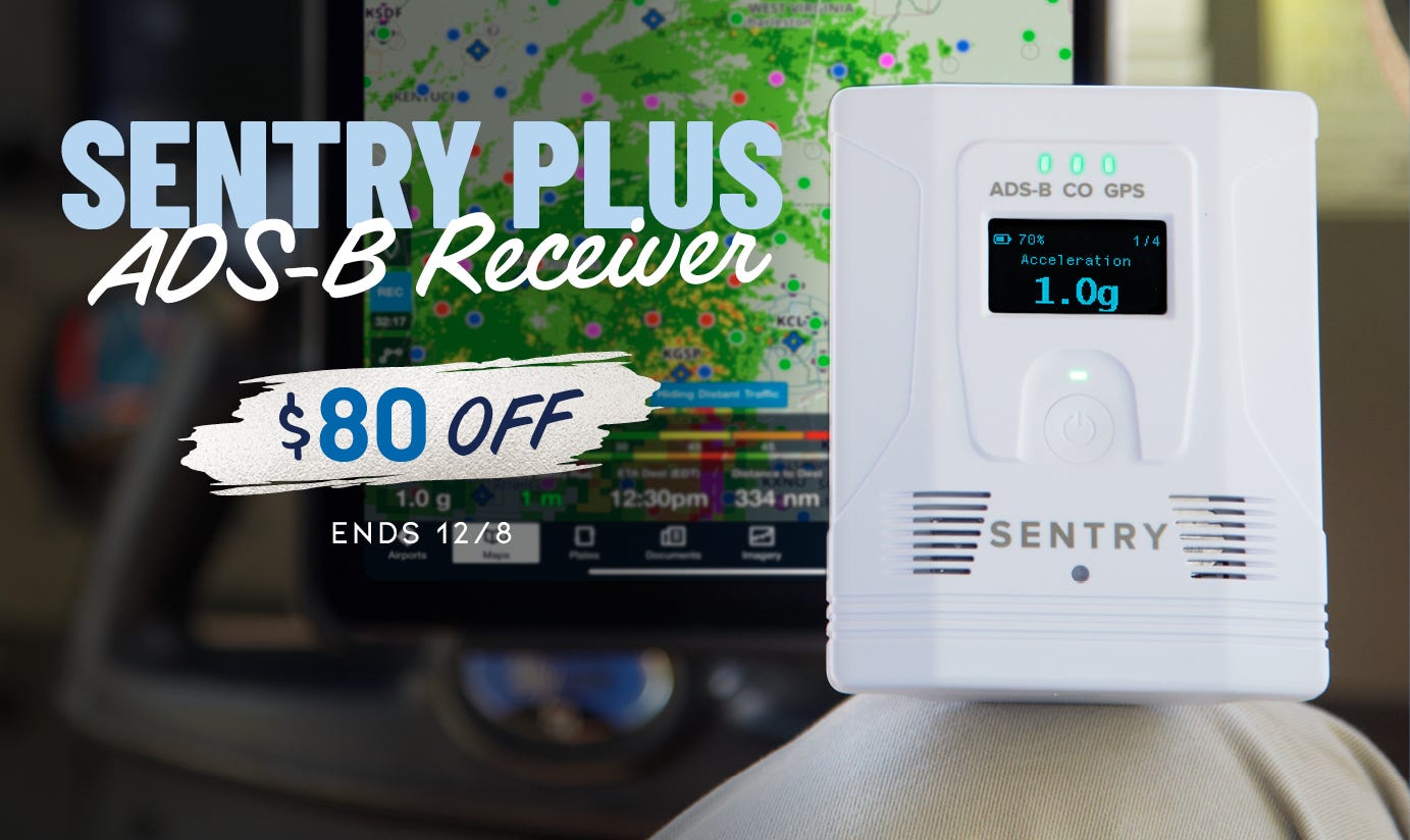 $80 off Sentry Plus ADS-B Receiver - In-flight weather, traffic and flight data, delivered straight to ForeFlight.  White Sentry in use in cockpit.