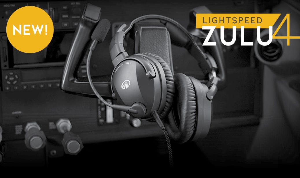 New Black Lightspeed Zulu 4 Headset in cockpit hanging on yoke