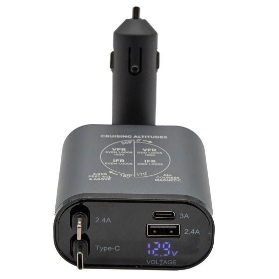 black Flight Gear Retractable 12/24v charger with LED Screen on white background black Flight Gear Retractable 12/24v charger with LED Screen on white background