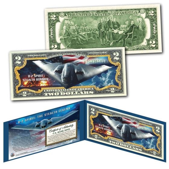 B-2 Spirit Genuine Legal Tender $2 Bill  on white