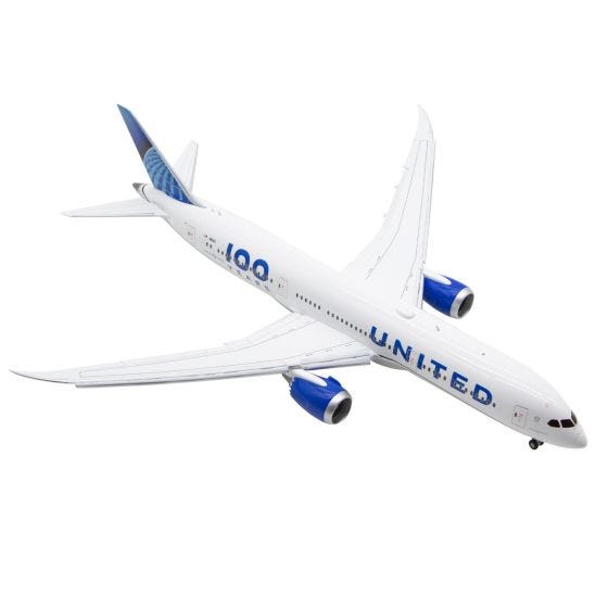 Side view of the United Airlines Boeing 787-9 100th Anniversary Die-Cast Model
