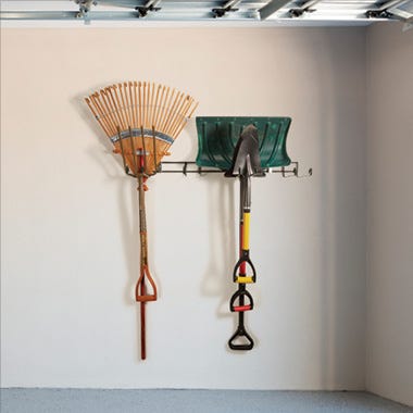 Tools hung up on garage wall