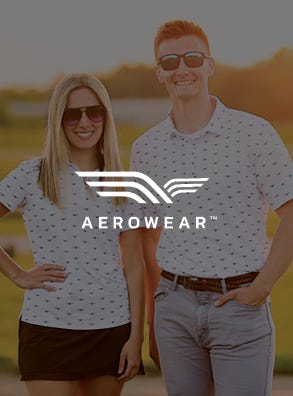 aerowear with two people wearing aerowear clothing with logo on top