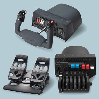 Flight Sim Starter Set displayed with yoke pedals and throttle