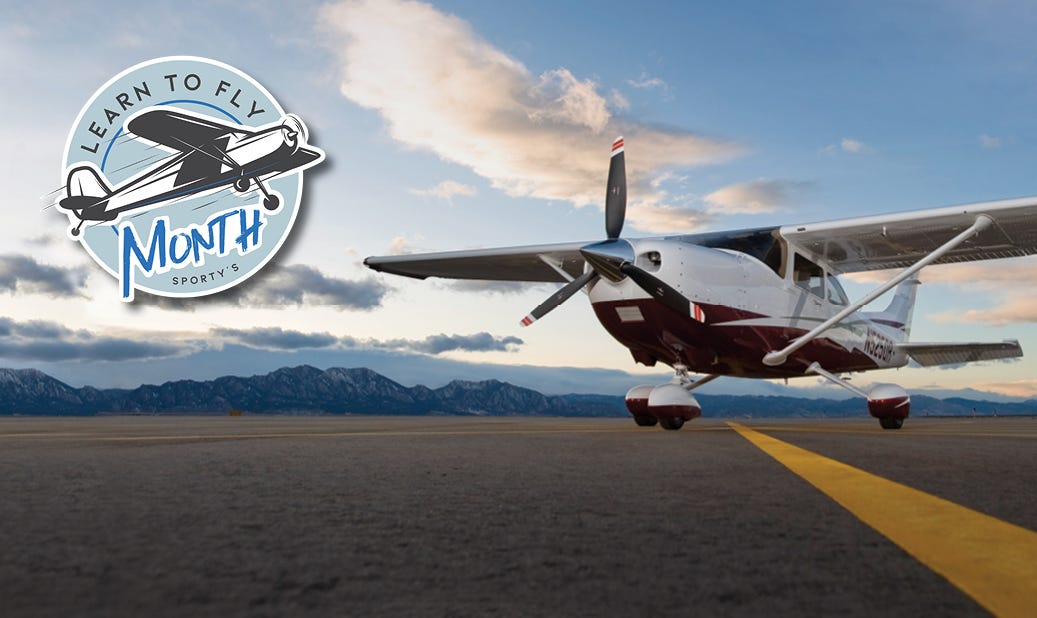Sporty's Learn to Fly Month logo with plane on runway in the background