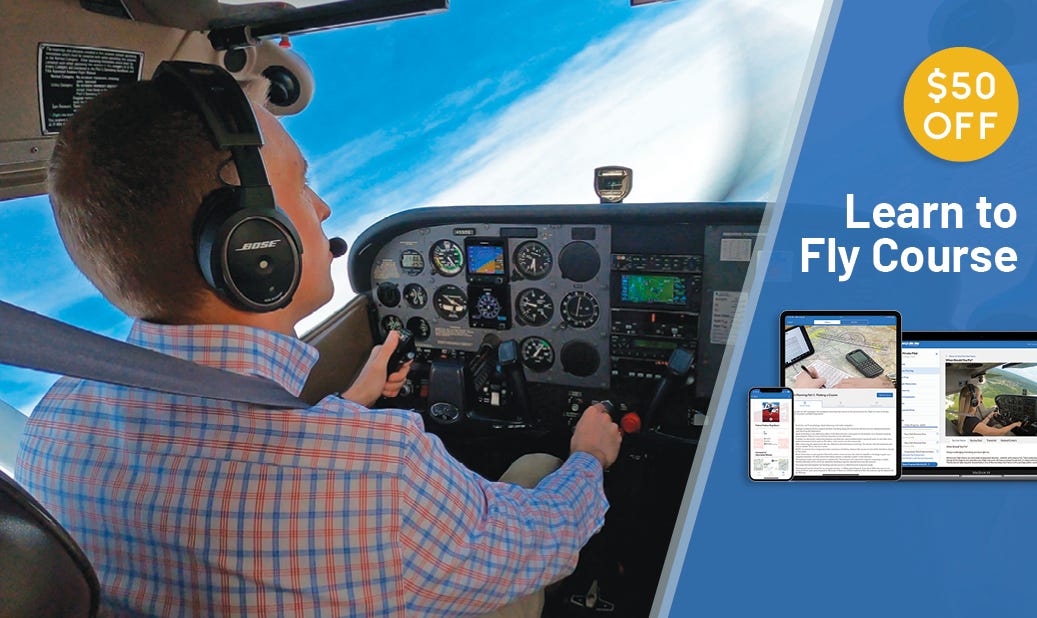 Sporty's Learn to Fly Course displayed on multiple devices with pilot flying plane in the background