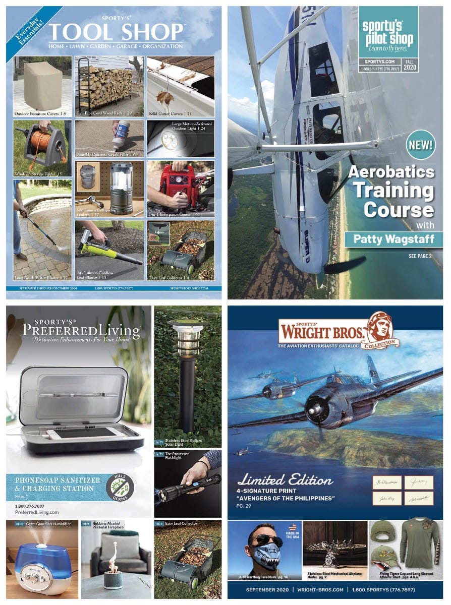 Covers from each of the four Sporty's catalogs:
                  Sporty's Tool Shop, Sporty's Pilot Shop, Preferred Living, and Aviation Gifts