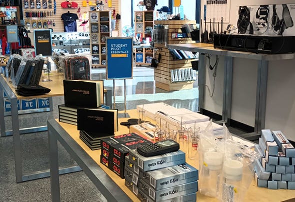 Inside of the Sportys store with all kinds of products
