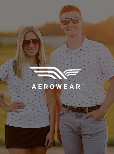 aerowear with two people wearing aerowear clothing with logo on top
