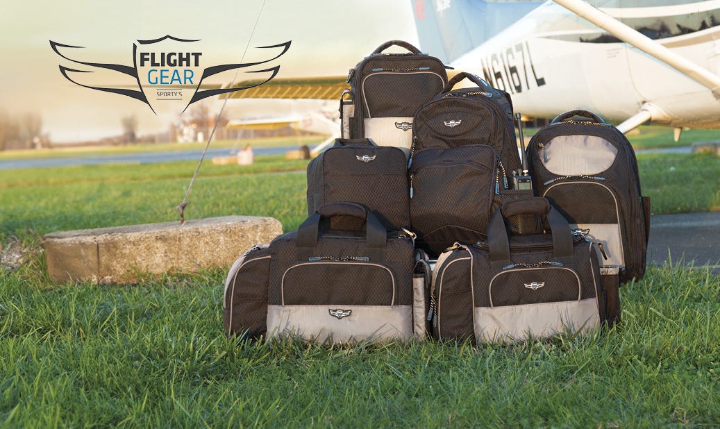 Sporty's Flight Gear bags on display near Sporty's runway