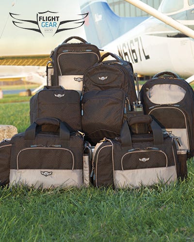 Sporty's Flight Gear bags on display near Sporty's runway