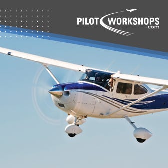 Cessna 172 flying with the Sporty's Pilot Workshops logo