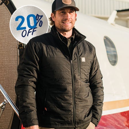 20% off airfoil jacket, your go-anywhere jacket. quilted and water resistant. picture of pilot wearing jacket in front of plane