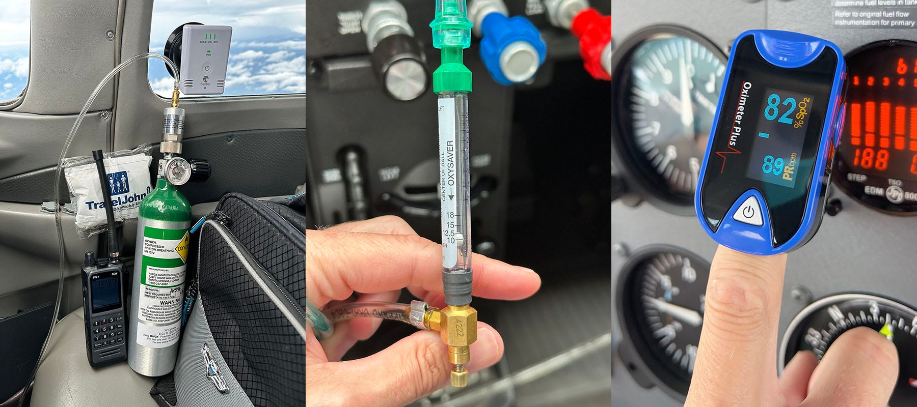 Oxygen bottle, flowmeter, pulse oximeter