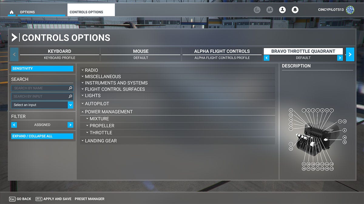 Flight sim control settings