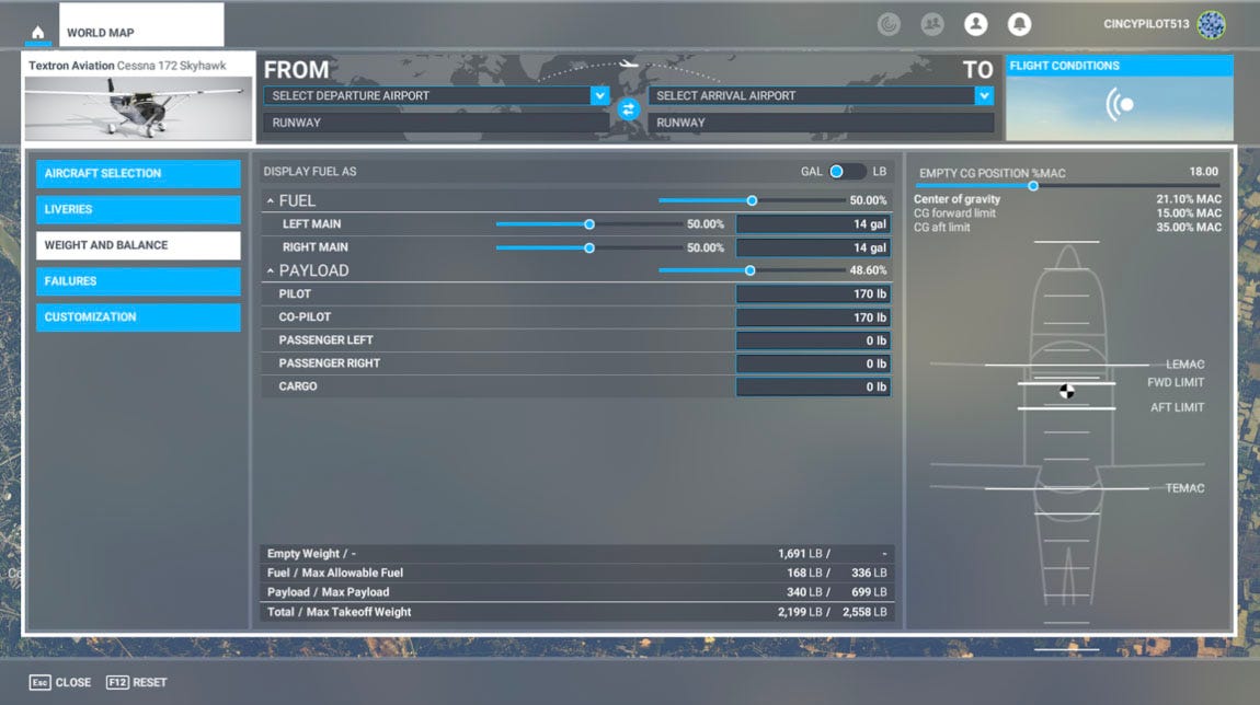 Microsoft Flight Simulator weight and balance