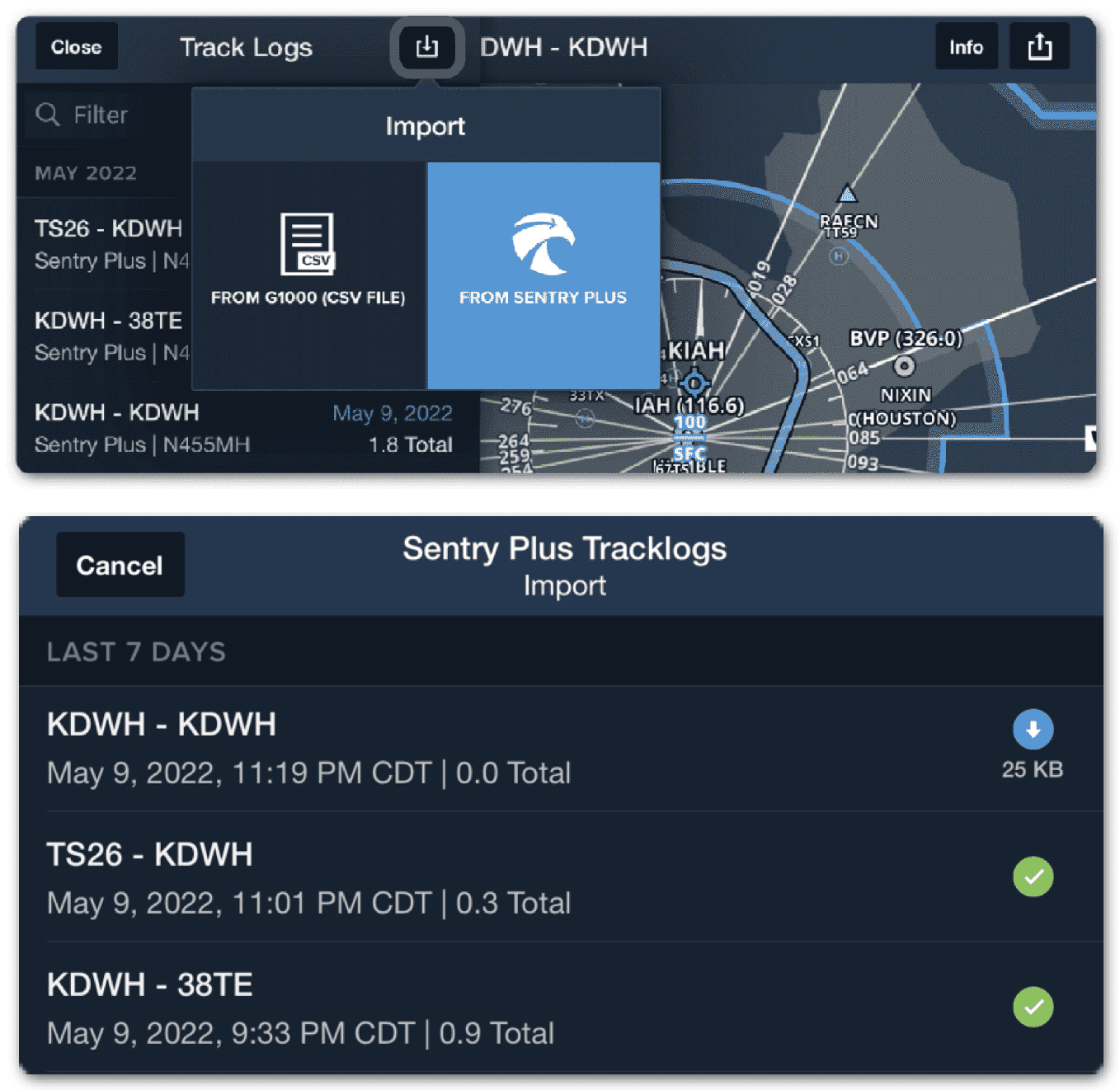Sentry Plus track log download screens