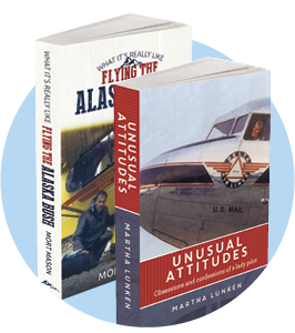 Books with two aviation books displayed