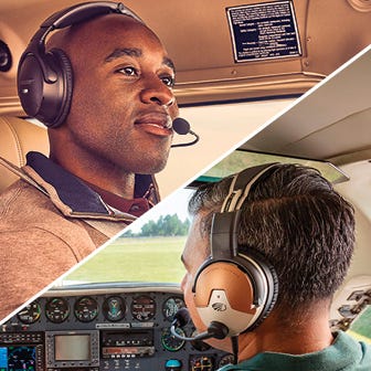 split image of a pilot wearing a Bose A30 headset and another pilot wearing a Lightspeed Delta Zulu headset