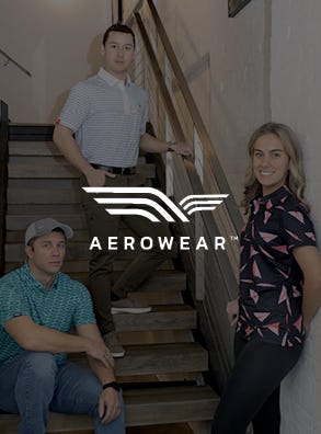 aerowear with three people wearing aerowear clothing with logo on top