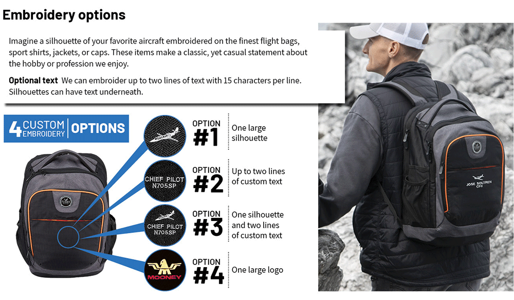 flight outfitters bag shown to have multiple embroidery options