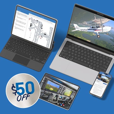 $50 off learn to fly course. - new lessons, chatcfi, mosaic and more. picture of learn to fly course on tablet, phone, computer and ipad.