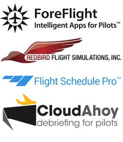 proud partners - foreflight, redbird flight simulation inc, flight schedule pro, cloudahoy