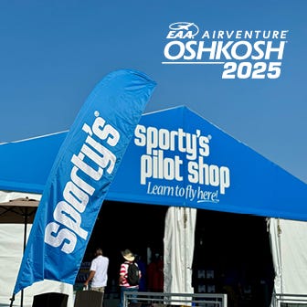 visit sporty's at oshkosh. can't miss deals and new products. picture of sporty's tent at oshkosh