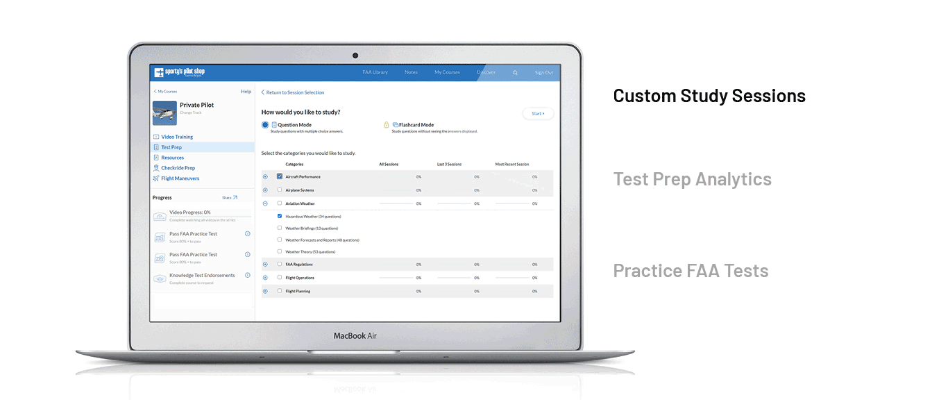 test prep deatils for Sporty''s course - custom study sessions, test prep analytics, practice FAA tests