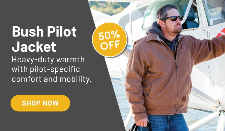 Flight Outfitters Bush Pilot Jacket - Pilot wearing Brown Bush pilot jacket in front of seaplane - shop now