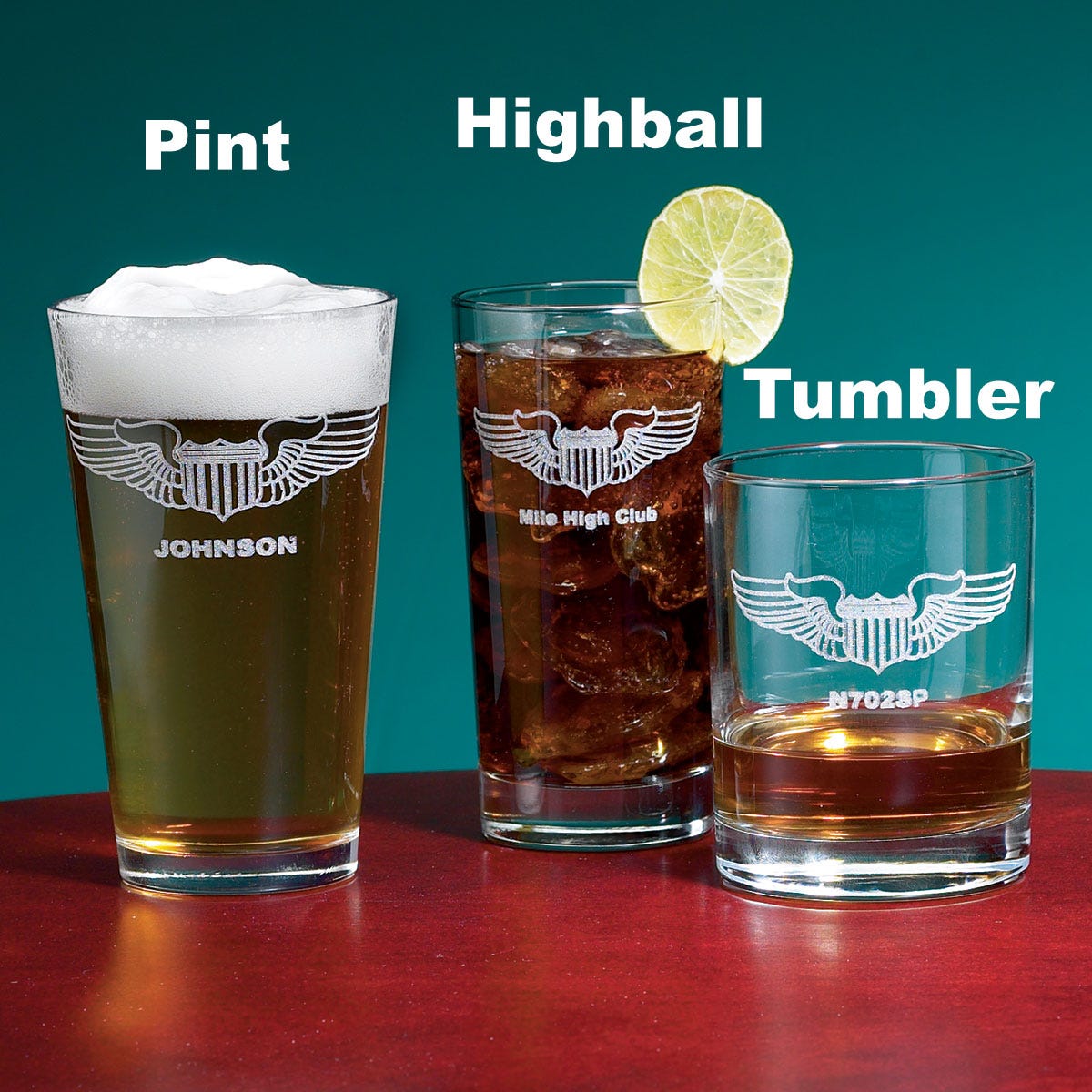 pilot wings personalized glassware