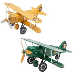 Yellow Tin Curtiss Biplane Toy on white 